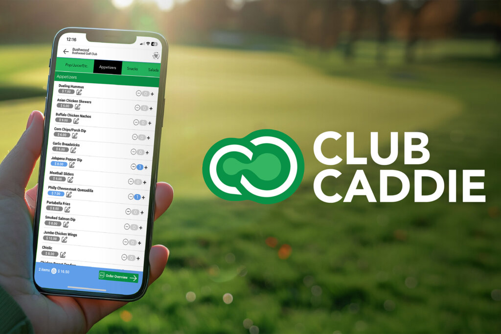 A person's hand holding a phone looking at the Club Caddie app next to the Club Caddie logo